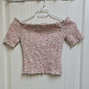 H&M Elegant Pink Cropped Stretchy Smocked Off-Shoulder Women's Blouse Small